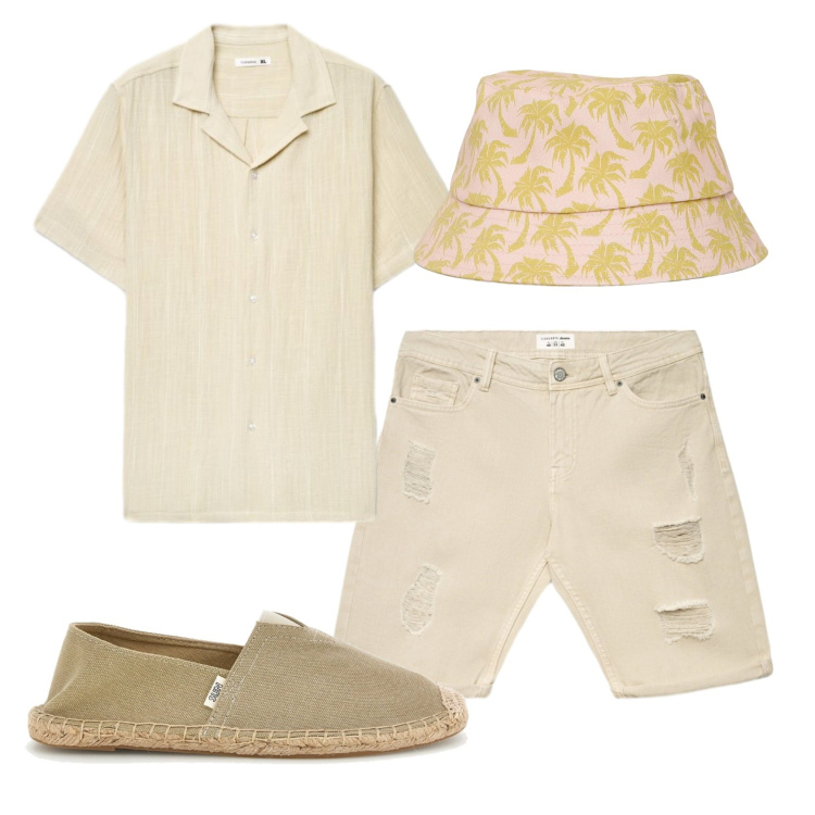 Outfit uomo - Total look #2428090. Stile Trendy per Tutti i giorni. Abbinamento con cappelli con visiera, bermuda, camicie a manica corta, espadrillas.