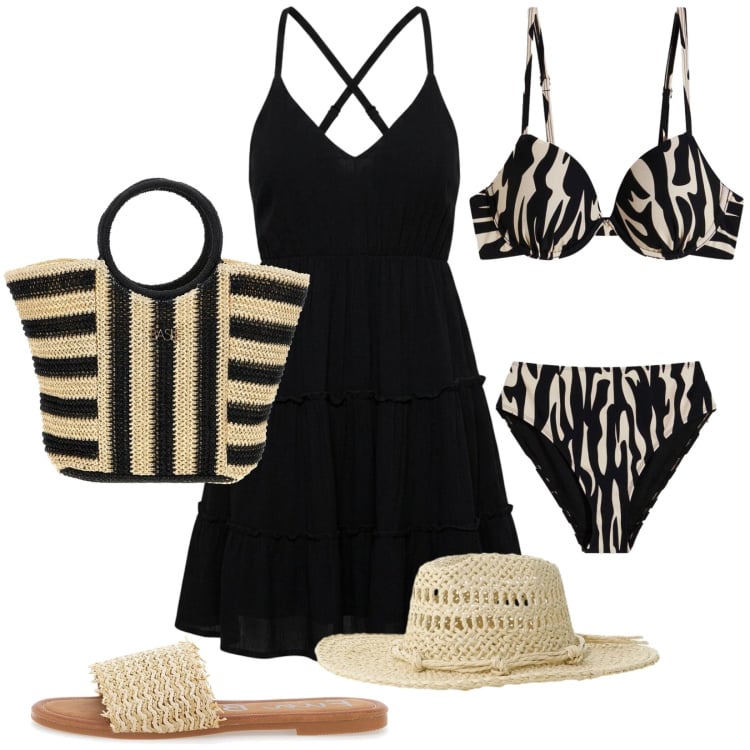 Outfit donna - Vestitino con spalline incrociate. Stile Trendy per Mare. Abbinamento con bikini, vestiti corti, cappelli, ciabatte, borse a mano.