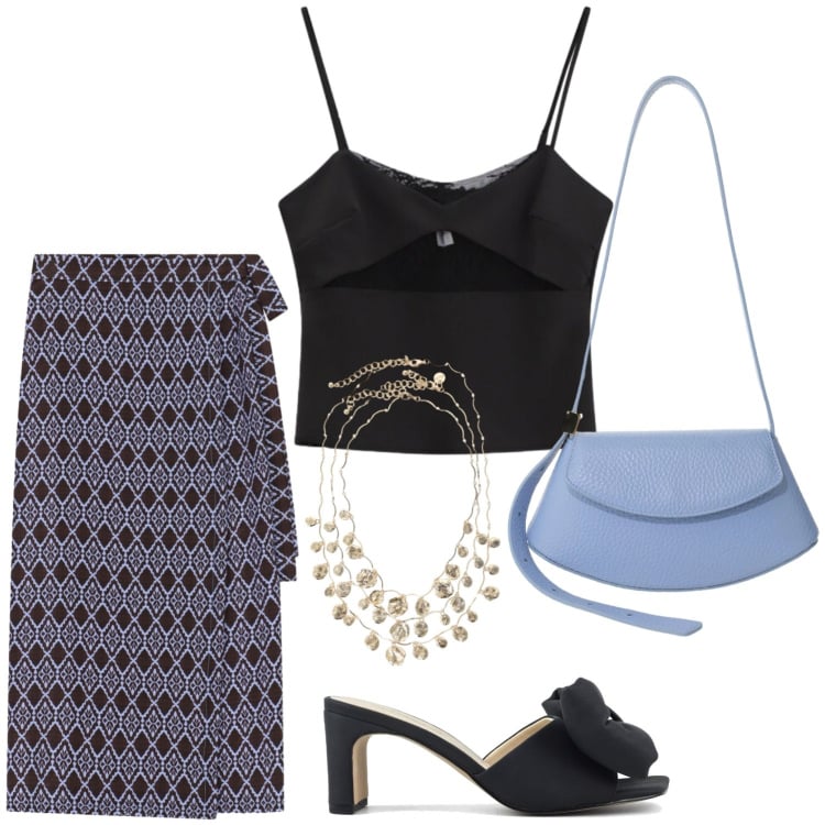 Outfit donna - Pausa pranzo. Stile Casual chic per Tutti i giorni. Abbinamento con canottiere, borse a spalla, collane, gonne lunghe, sandali col tacco.