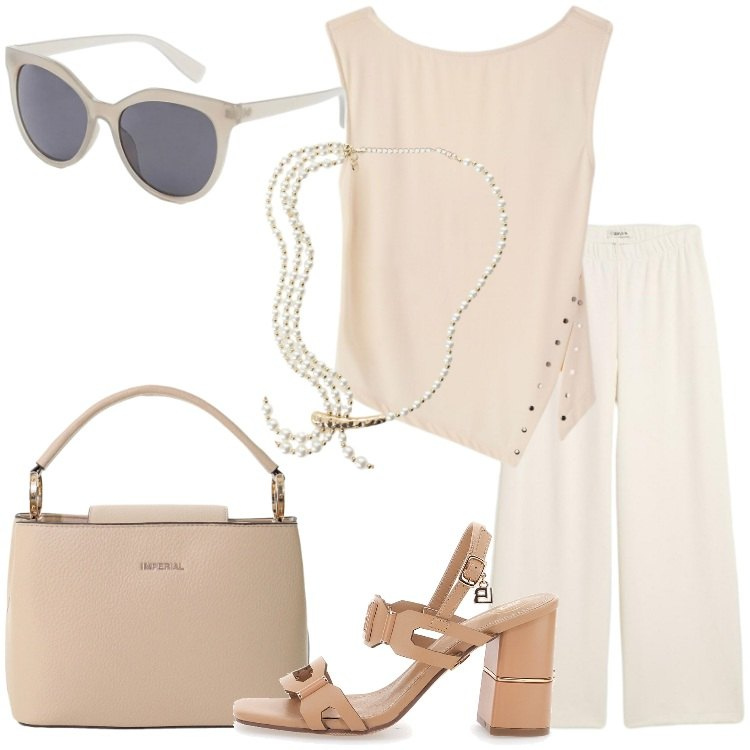 Outfit donna - Giornate calde in città - @laurafo. Stile Romantica per Ufficio. Abbinamento con pantaloni, occhiali da sole, top, borse a secchiello, collane, sandali col tacco.