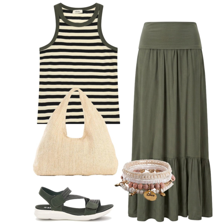 Outfit donna - Total look #2428101. Stile Boho per Tutti i giorni. Abbinamento con shopping bag, braccialetti con ciondoli, top, gonne lunghe, sandali.