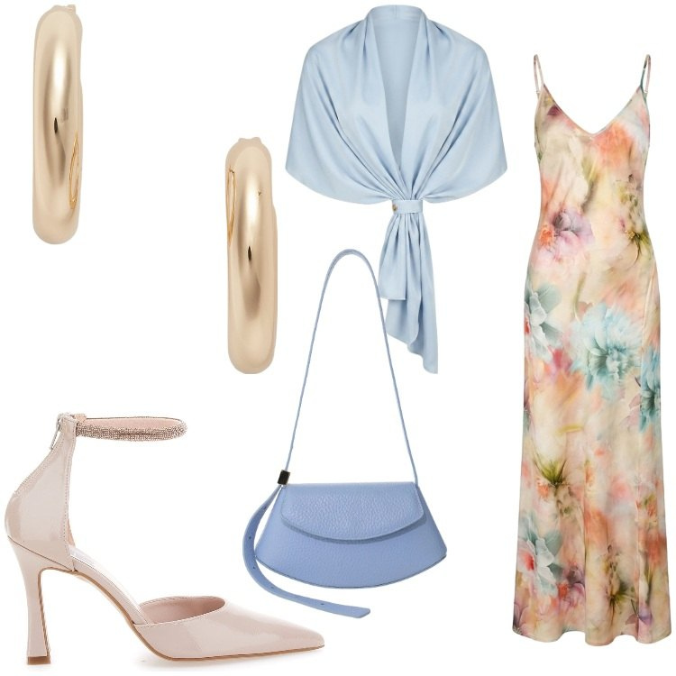 Outfit donna - Serata evento. Stile Chic per Serata fuori. Abbinamento con stole, borse a spalla, vestiti lunghi, orecchini, décolleté.