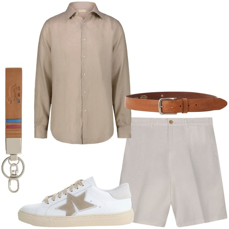 Outfit uomo - Lino in città. Stile Trendy per Serata speciale. Abbinamento con portachiavi, bermuda, camicie, sneakers, cinture.