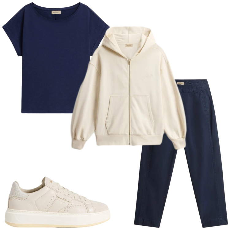 Outfit donna - Summer Woolrich. Stile Casual chic per Tutti i giorni. Abbinamento con pantaloni, sneakers, felpe con cappuccio, t-shirt.