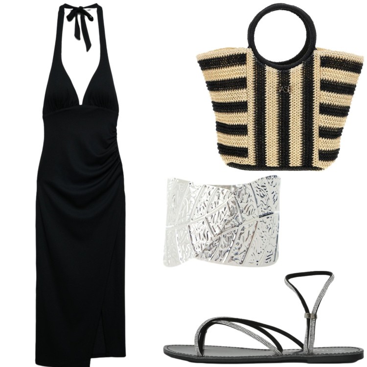Outfit donna - Aperitivo serale. Stile Chic per Serata fuori. Abbinamento con vestiti midi/longuette, sandali, braccialetti, borse a mano.