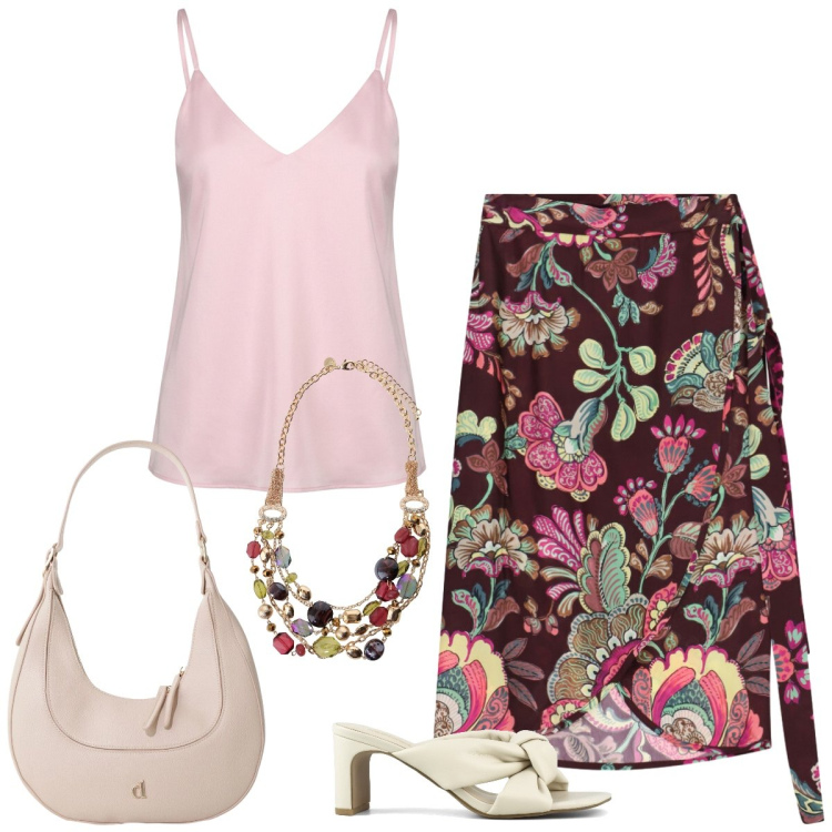 Outfit donna - Total look #2428109. Stile Casual chic per Tutti i giorni. Abbinamento con borse a tracolla, collane, gonne longuette, top, sandali col tacco.