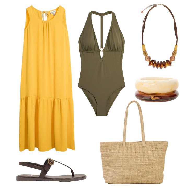 Outfit donna - Pranzo vista mare. Stile Minimal per Mare. Abbinamento con vestiti lunghi, costumi interi, sandali, shopping bag, braccialetti, collane.