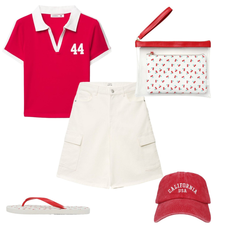 Outfit donna - Total look #2428111. Stile Casual per Tutti i giorni. Abbinamento con polo, pantaloni corti, pochette, cappelli con visiera, infradito.