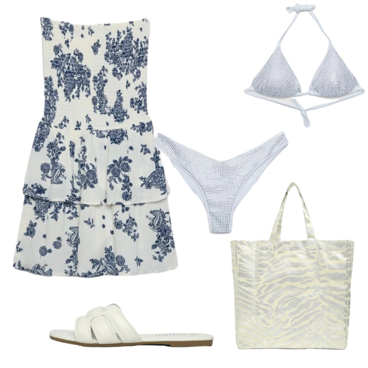 Outfit donna - Total look #2428113. Stile Casual per Mare. Abbinamento con vestiti corti, shopping bag, bikini, bikini, ciabatte.