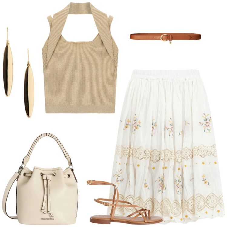 Outfit donna - Total look #2428116. Stile Boho per Tutti i giorni. Abbinamento con borse a secchiello, sandali in pelle, orecchini, cinture, gonne lunghe, top.