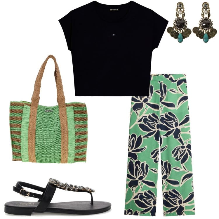 Outfit donna - Pattern sotto il sole. Stile Casual chic per Ufficio. Abbinamento con pantaloni a palazzo, orecchini, t-shirt, borse a spalla, sandali gioiello.