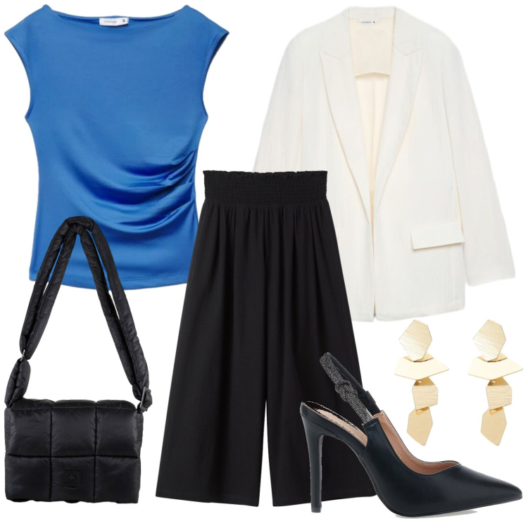 Outfit donna - Stile contemporaneo. Stile Trendy per Ufficio. Abbinamento con t-shirt, pantaloni, blazer, orecchini, borse a spalla, décolleté.