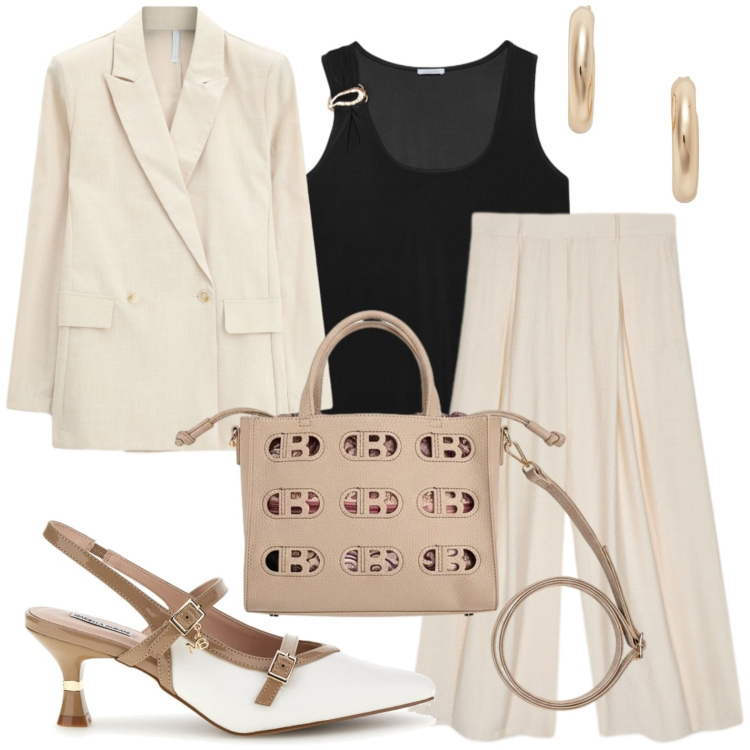 Outfit donna - Look quotidiano. Stile Chic per Ufficio. Abbinamento con blazer, canottiere, pantaloni a palazzo, orecchini, décolleté, borse a mano.