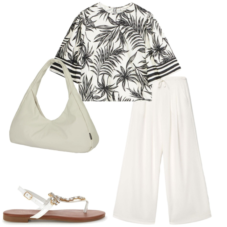 Outfit donna - Pattern sotto il sole. Stile Basic per Tutti i giorni. Abbinamento con camicie a manica corta, pantaloni, borse a spalla, sandali gioiello.