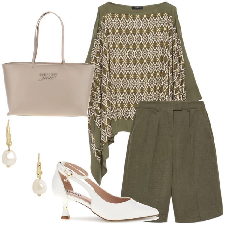 Outfit donna - Il poncho leggero. Stile Casual per Tutti i giorni. Abbinamento con bermuda, bluse, orecchini, décolleté, borse a spalla.