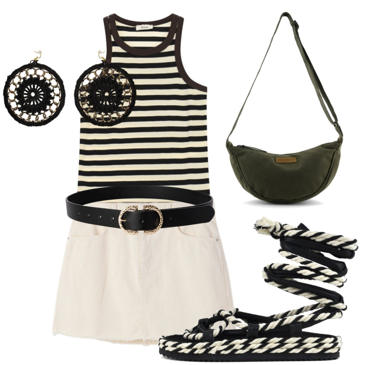 Outfit donna - Total look #2428144. Stile Casual per Tutti i giorni. Abbinamento con cinture, minigonne, orecchini, top, sandali, borse a tracolla.
