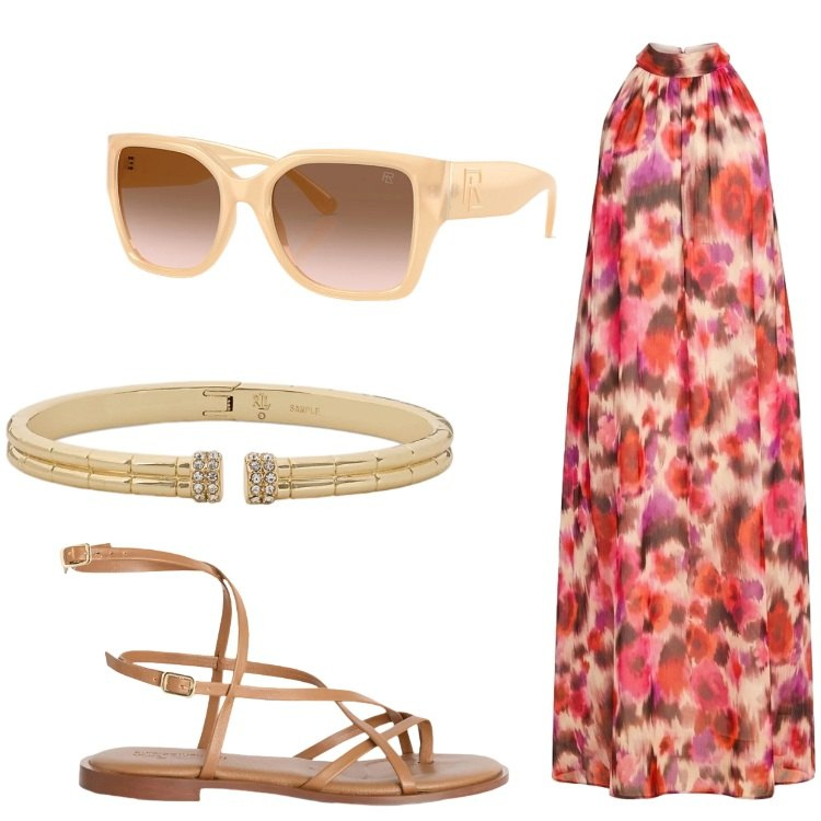 Outfit donna - Lungomare. Stile Etnico per Mare. Abbinamento con sandali in pelle, vestiti lunghi, occhiali da sole, braccialetti.