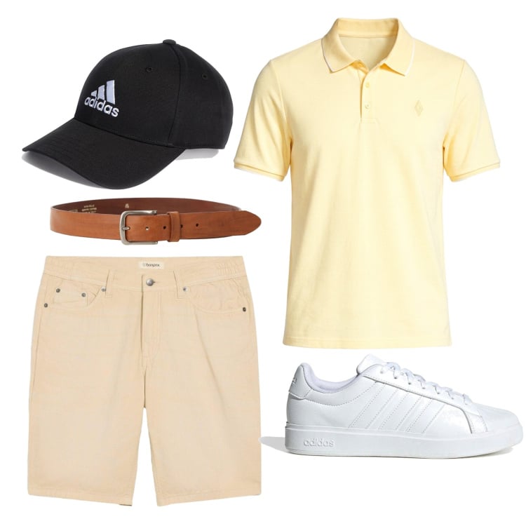 Outfit uomo - Stile vacanziero. Stile Casual per Tutti i giorni. Abbinamento con bermuda, cinture, cappelli con visiera, sneakers, polo.
