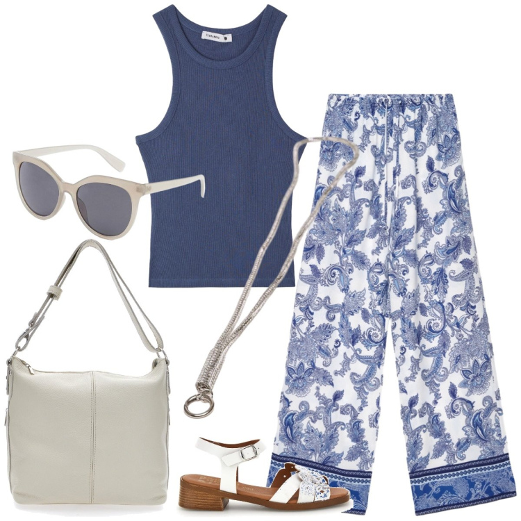 Outfit donna - Total look #2428154. Stile Boho per Tutti i giorni. Abbinamento con occhiali da sole, pantaloni, canottiere, collane, borse a spalla, sandali col tacco.