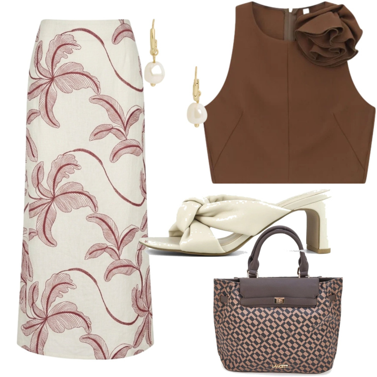 Outfit donna - I dettagli contano. Stile Trendy per Serata fuori. Abbinamento con top, gonne lunghe, orecchini, borse a mano, sandali col tacco.