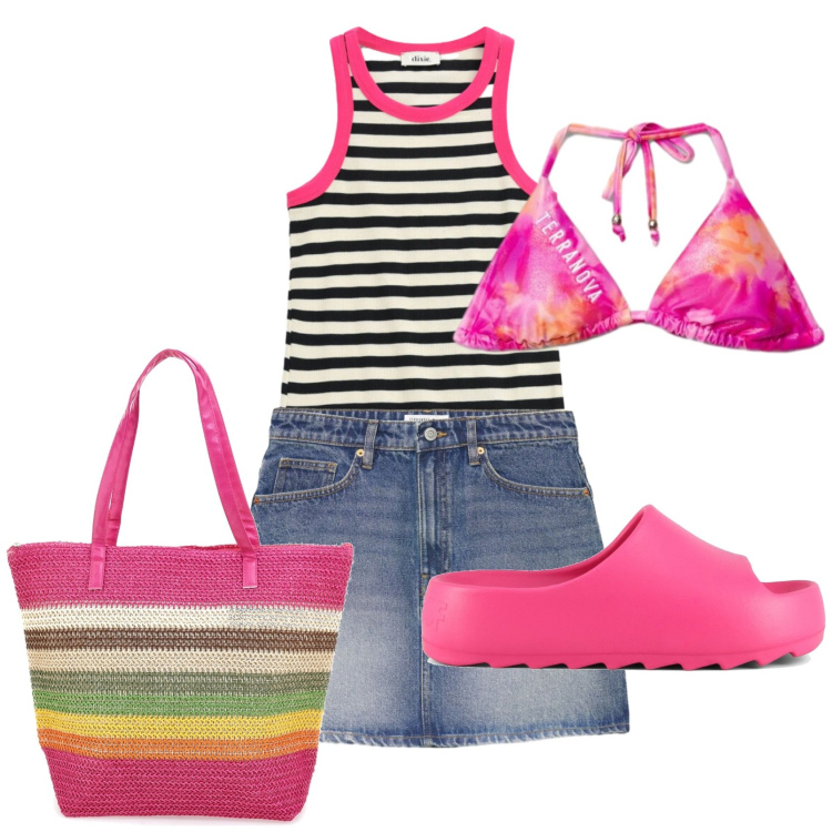 Outfit donna - Total look #2428161. Stile Urban per Mare. Abbinamento con minigonne, bikini, top, ciabatte, shopping bag.