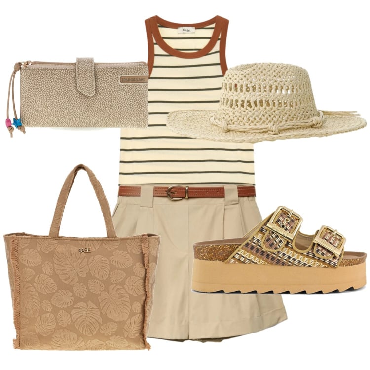 Outfit donna - Total look #2428164. Stile Trendy per Tutti i giorni. Abbinamento con shorts, cappelli, top, sandali, portafogli, shopping bag.