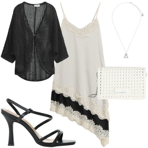 Outfit donna - intramontabile. Stile Chic per Serata fuori. Abbinamento con cardigans, borse a tracolla, sandali col tacco, vestiti midi/longuette, ciondoli.