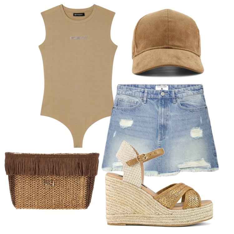 Outfit donna - Total look #2428168. Stile Urban per Tutti i giorni. Abbinamento con minigonne, top, zeppe, cappelli con visiera, pochette.