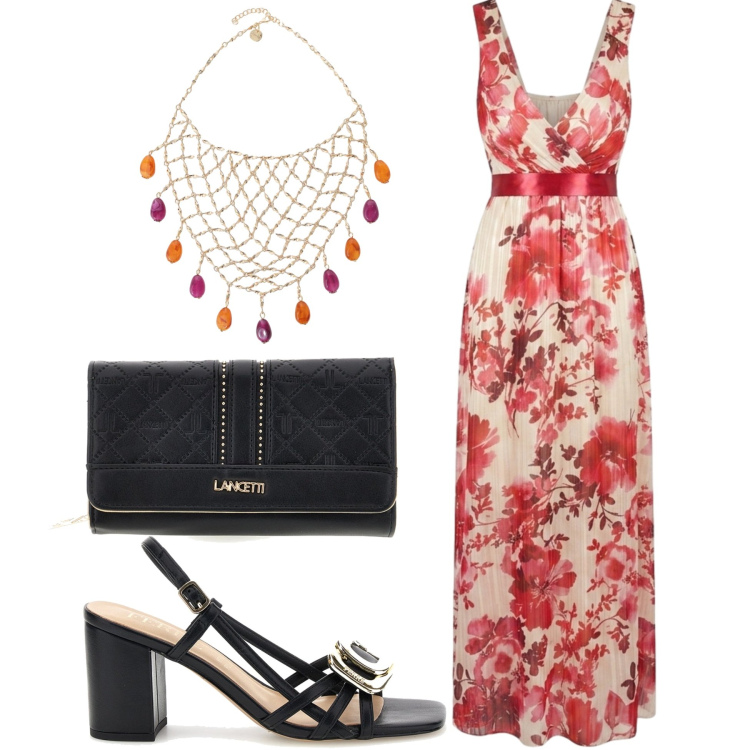 Outfit donna - Abito romantico. Stile Romantica per Cerimonia. Abbinamento con collane, vestiti lunghi, sandali in pelle, portafogli.