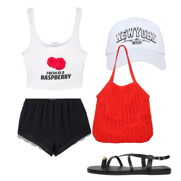 Outfit donna - Luglio. Stile Urban per Tutti i giorni. Abbinamento con cappelli, top, sandali, shopping bag, shorts.