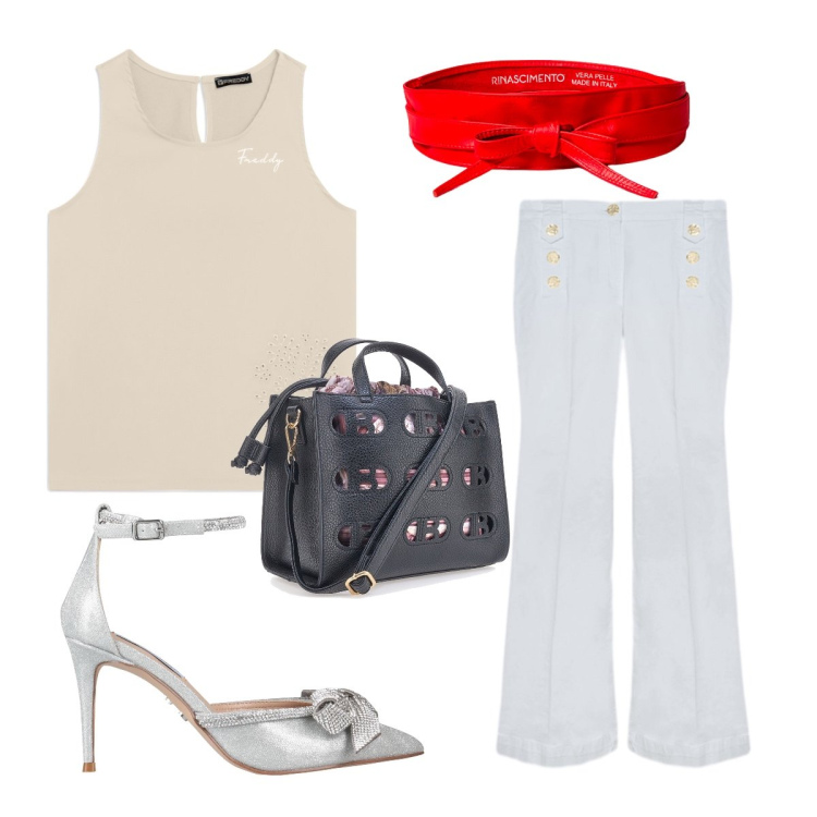 Outfit donna - Fiocchi e fiori. Stile Minimal per Serata fuori. Abbinamento con décolleté, cinture, jeans, top, borse a mano.