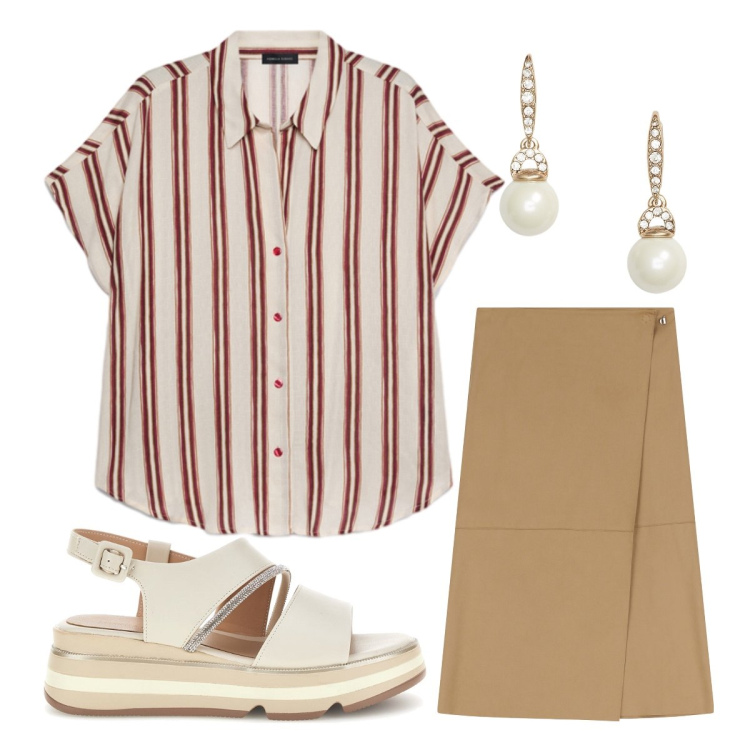 Outfit donna - Pattern sotto il sole. Stile Trendy per Tutti i giorni. Abbinamento con gonne longuette, camicie a manica corta, orecchini, sandali col tacco.