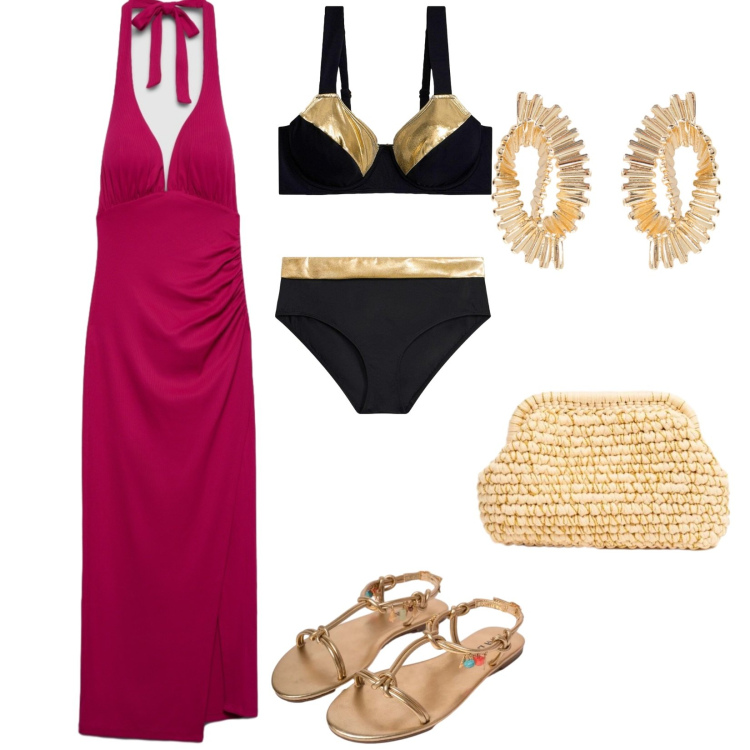 Outfit donna - Summer. per Mare. Abbinamento con bikini, vestiti midi/longuette, orecchini, clutch, sandali in pelle.