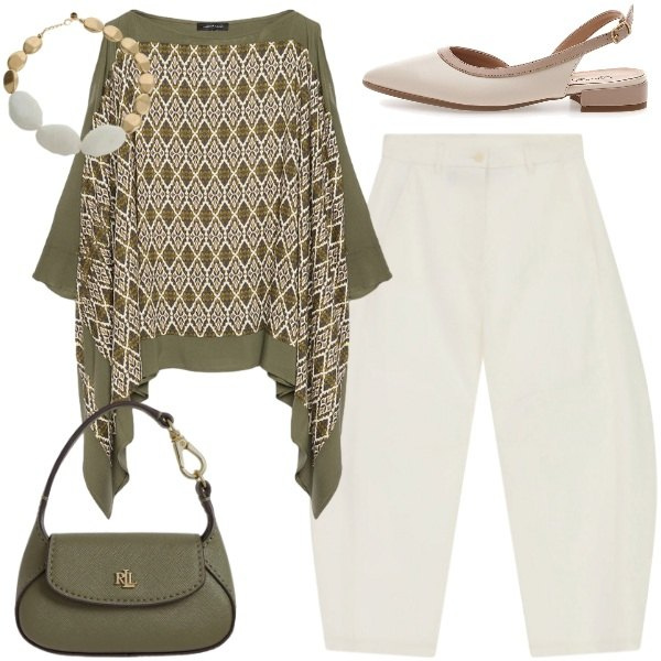 Outfit donna - bianco e verde. Stile Casual chic per Ufficio. Abbinamento con pantaloni a palazzo, collane, bluse, borse a mano, ballerine.