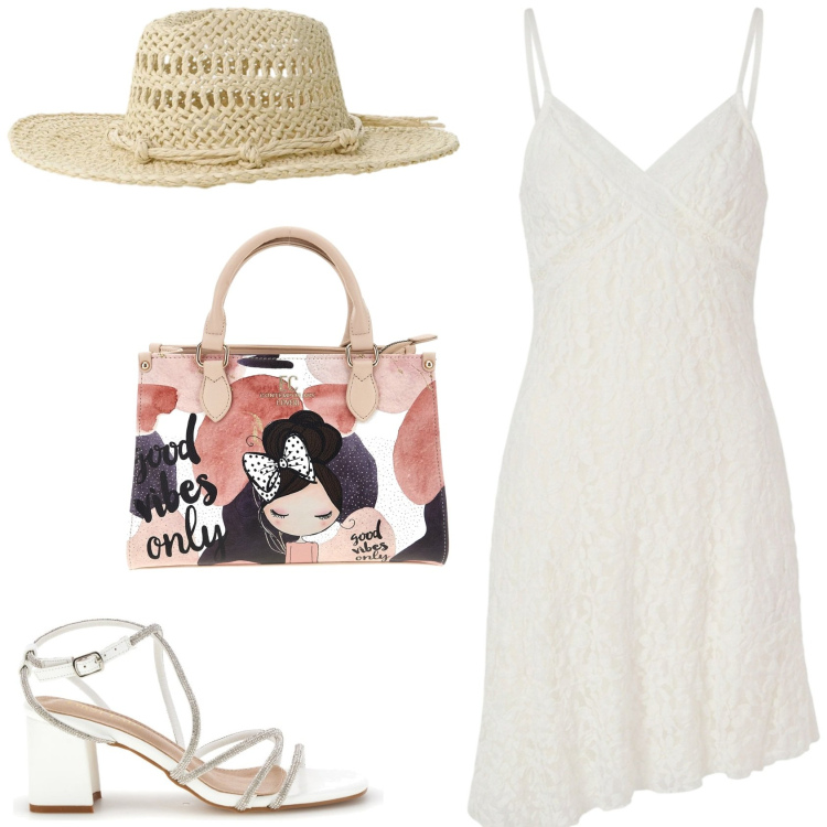 Outfit donna - Giornate calde in città. Stile Trendy per Serata fuori. Abbinamento con vestiti corti, cappelli, borse a mano, sandali col tacco.