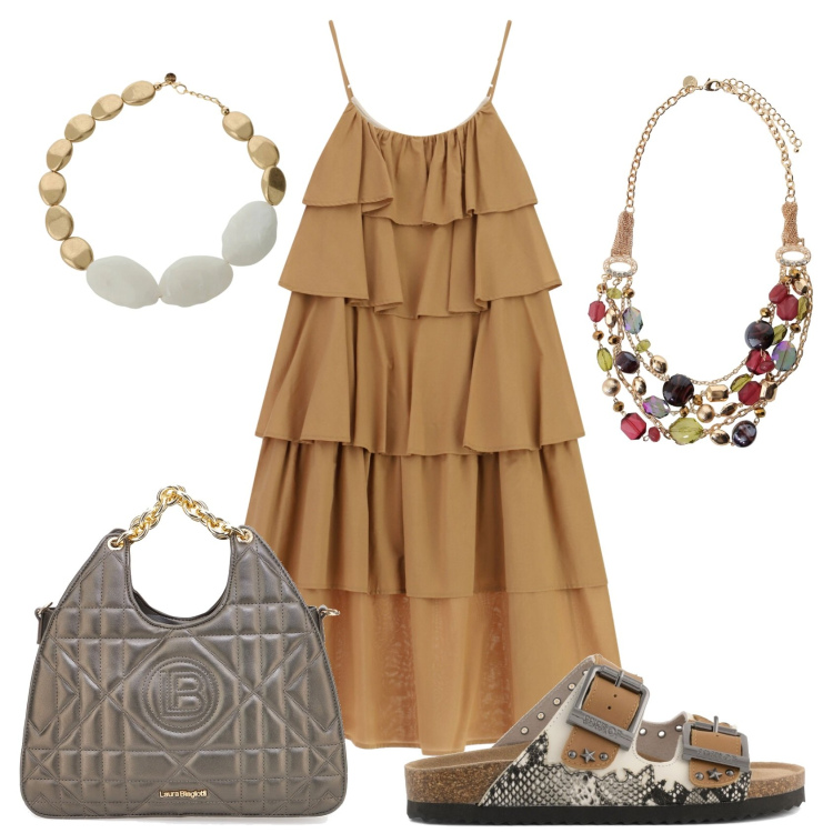 Outfit donna - Total look #2428204. Stile Minimal per Ufficio. Abbinamento con vestiti lunghi, collane, collane, borse a mano, sandali.