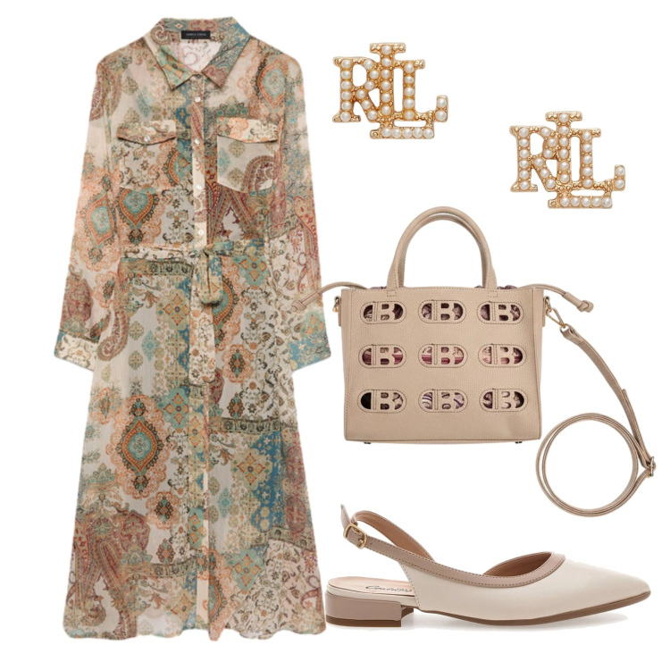 Outfit donna - Total look #2428205. Stile Vintage retrò per Cerimonia. Abbinamento con vestiti chemisier, orecchini, borse a mano, ballerine.