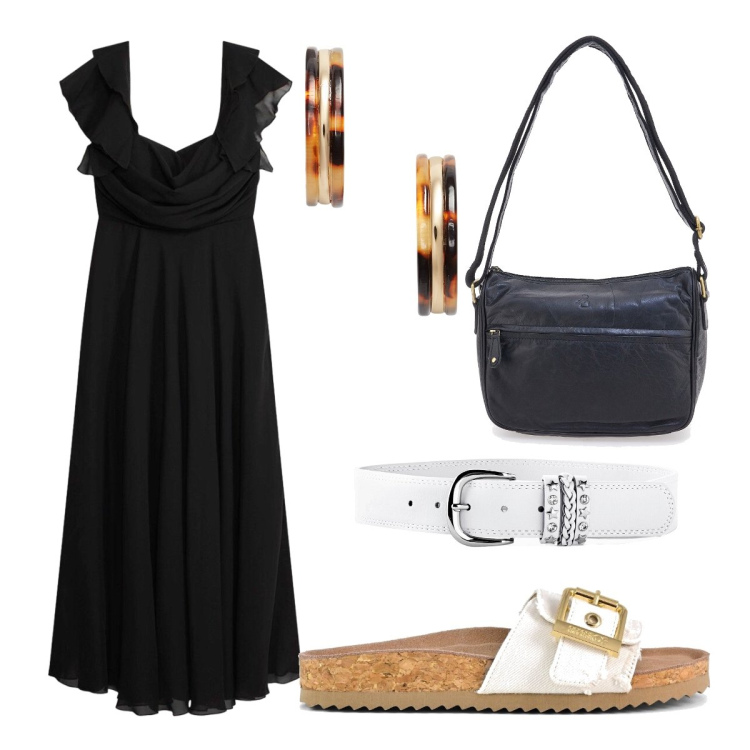 Outfit donna - Abito in chiffon. Stile Casual chic per Serata fuori. Abbinamento con vestiti lunghi, cinture, orecchini, sandali, borse a tracolla.