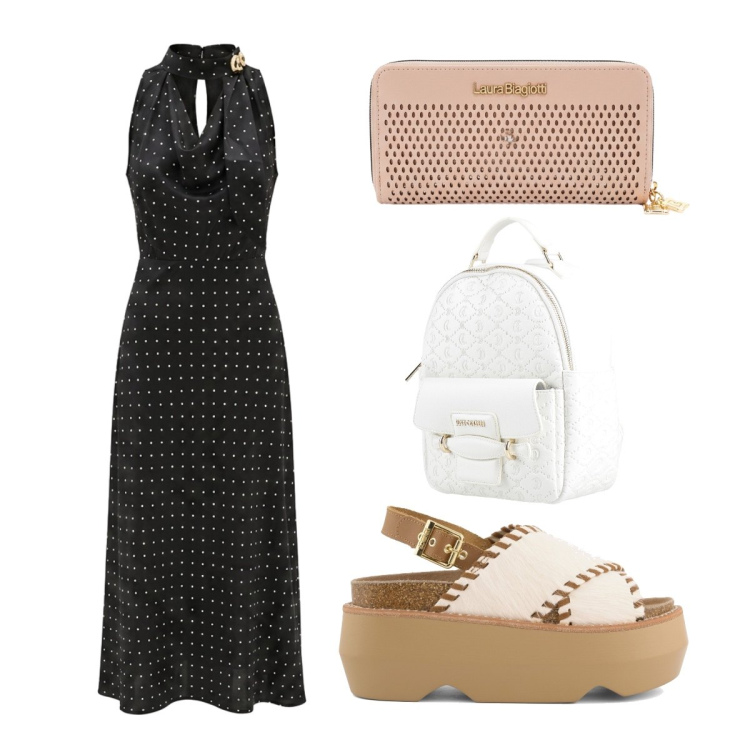 Outfit donna - Abito a pois. Stile Casual chic per Serata fuori. Abbinamento con zaini, vestiti midi/longuette, zeppe, portafogli.