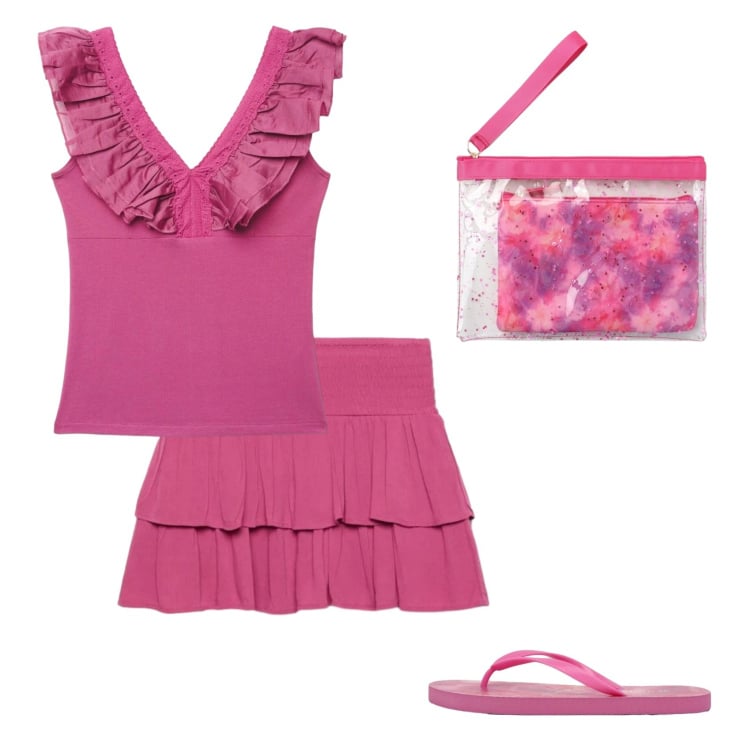Outfit donna - Total look #2428212. Stile Casual per Tutti i giorni. Abbinamento con pochette, top, infradito, minigonne.