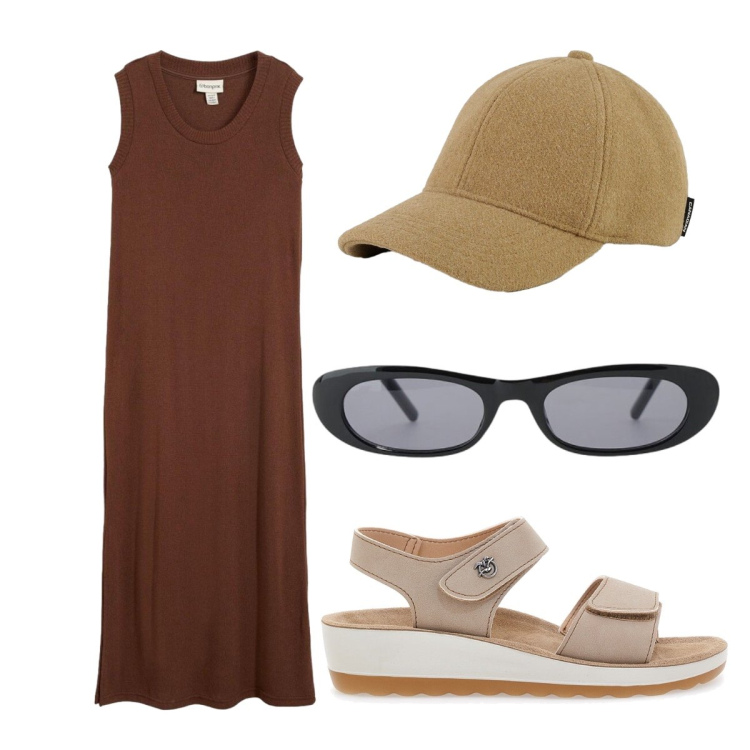 Outfit donna - Abito giromanica. Stile Minimal per Tutti i giorni. Abbinamento con vestiti, occhiali da sole, cappelli con visiera, sandali.
