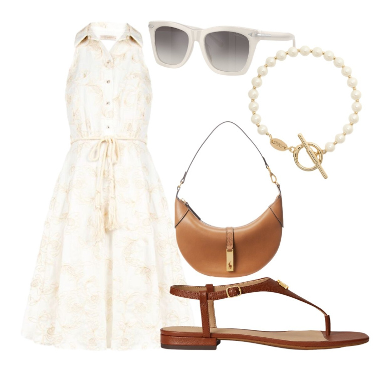 Outfit donna - Abito romantico. Stile Bon Ton per Tutti i giorni. Abbinamento con vestiti chemisier, borse a spalla, sandali in pelle, braccialetti, occhiali da sole.
