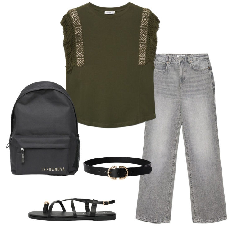 Outfit donna - Total look #2428216. Stile Casual per Tutti i giorni. Abbinamento con cinture, zaini, jeans dritti, t-shirt, sandali.