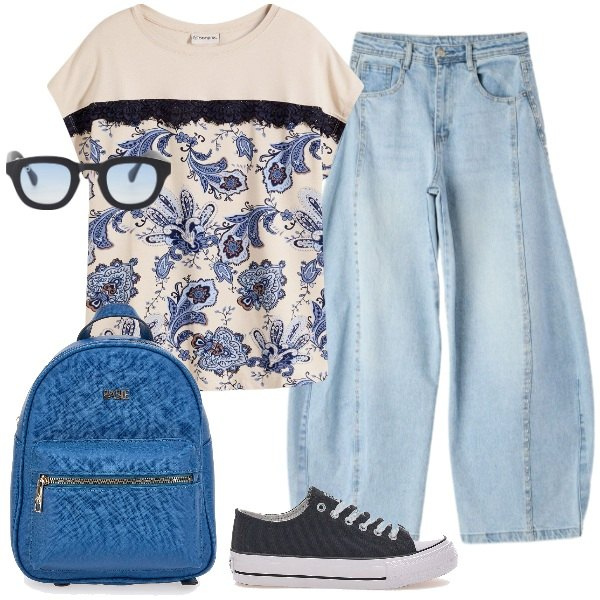 Outfit donna - erasmus. Stile Basic per Tutti i giorni. Abbinamento con t-shirt, jeans, occhiali da sole, zaini, sneakers.
