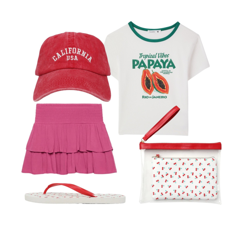 Outfit donna - Luglio. Stile Urban per Tutti i giorni. Abbinamento con pochette, t-shirt, cappelli con visiera, infradito, minigonne.