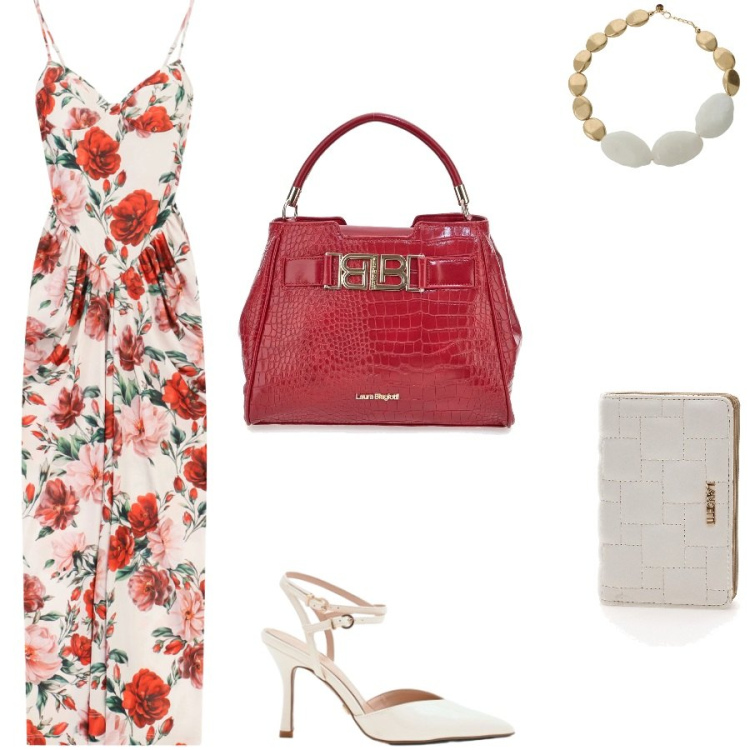 Outfit donna - Flowers. Stile Romantica per Serata fuori. Abbinamento con décolleté, vestiti lunghi, collane, portafogli, borse a mano.
