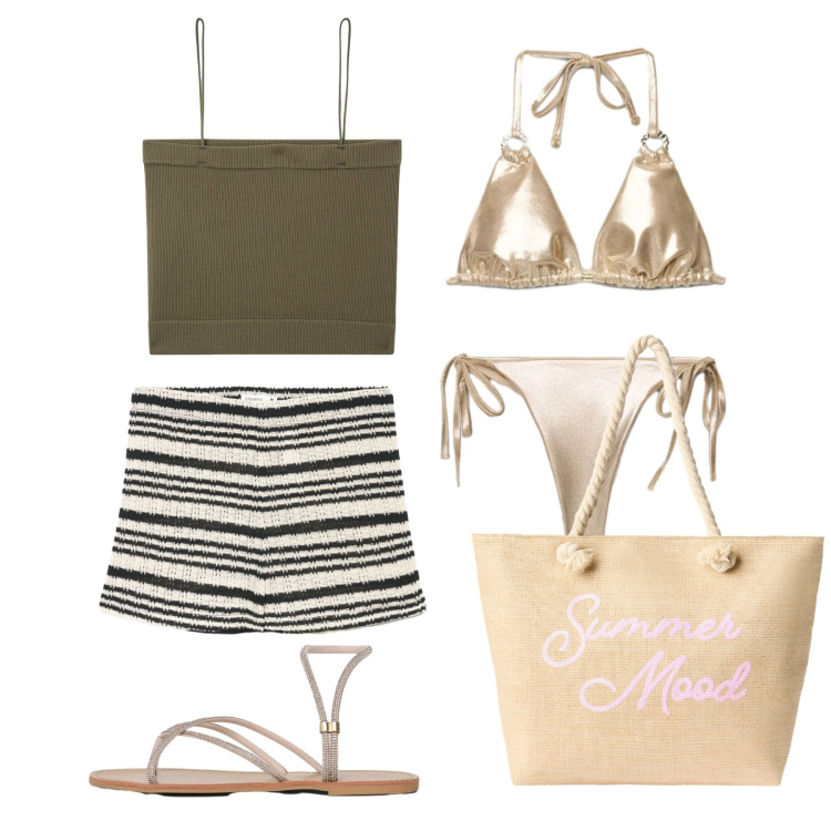 Outfit donna - Luglio. Stile Trendy per Mare. Abbinamento con top, shorts, bikini, bikini, sandali, borse tote.