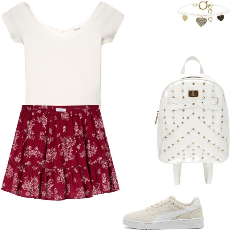 Outfit donna - Summer morning. Stile Casual per Tutti i giorni. Abbinamento con minigonne, t-shirt, braccialetti, sneakers, zaini.