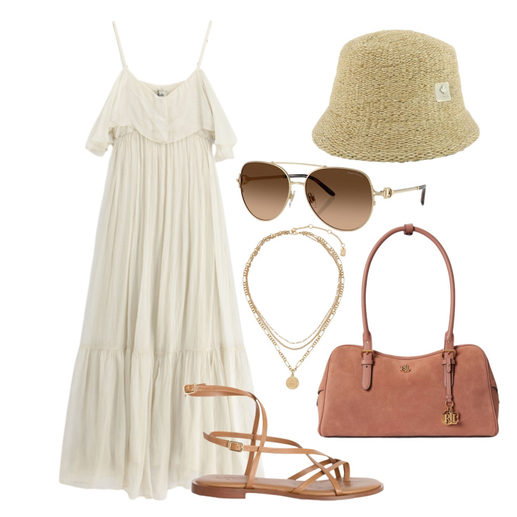Outfit donna - Luglio. Stile Romantica per Mare. Abbinamento con sandali in pelle, vestiti lunghi, ciondoli, occhiali da sole, borse a mano, cappelli.