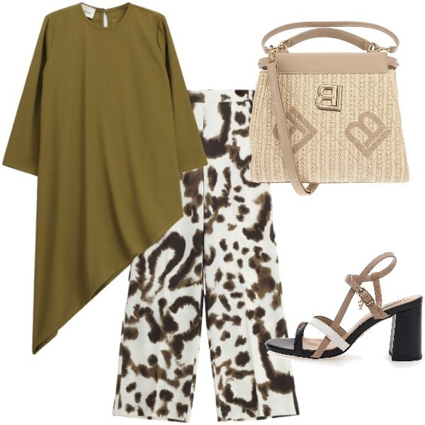 Outfit donna - in città. Stile Minimal per Ufficio. Abbinamento con bluse, pantaloni a palazzo, sandali col tacco, borse a tracolla.